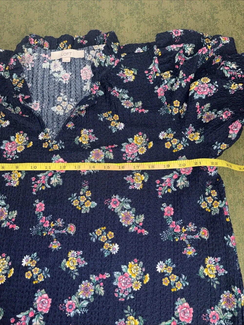 LOFT Navy Floral Smocked Top with Puff Sleeves